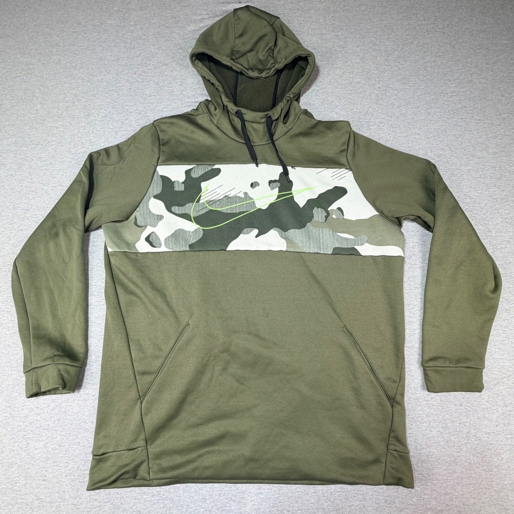 Nike Dri-FIT Mens XL Camo Swoosh Training Hoodie Olive Green Pullover